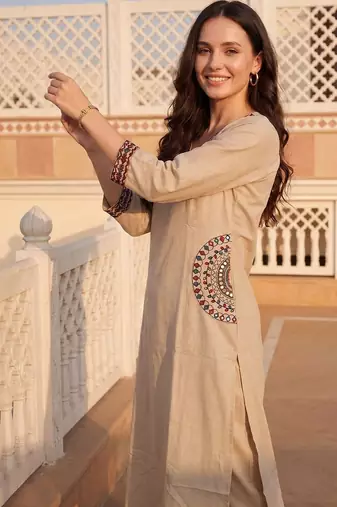 Women Ethnic Motifs Mirror Work Cotton Kurta with Trousers
