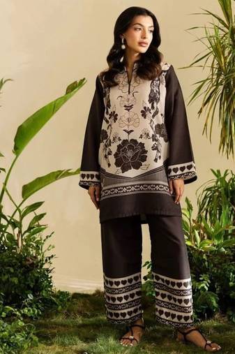 Black floral print crepe  fancy co-ord set for women