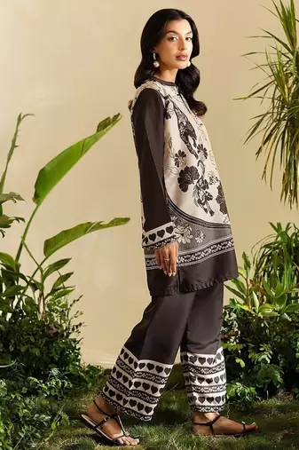 Black floral print crepe  fancy co-ord set for women