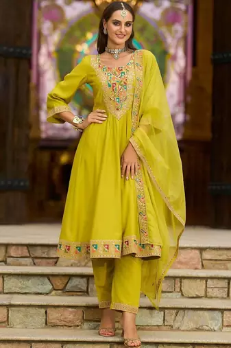 Women Ethnic Motifs Embroidered Panelled Thread Work Kurta with Trousers & With Dupatta