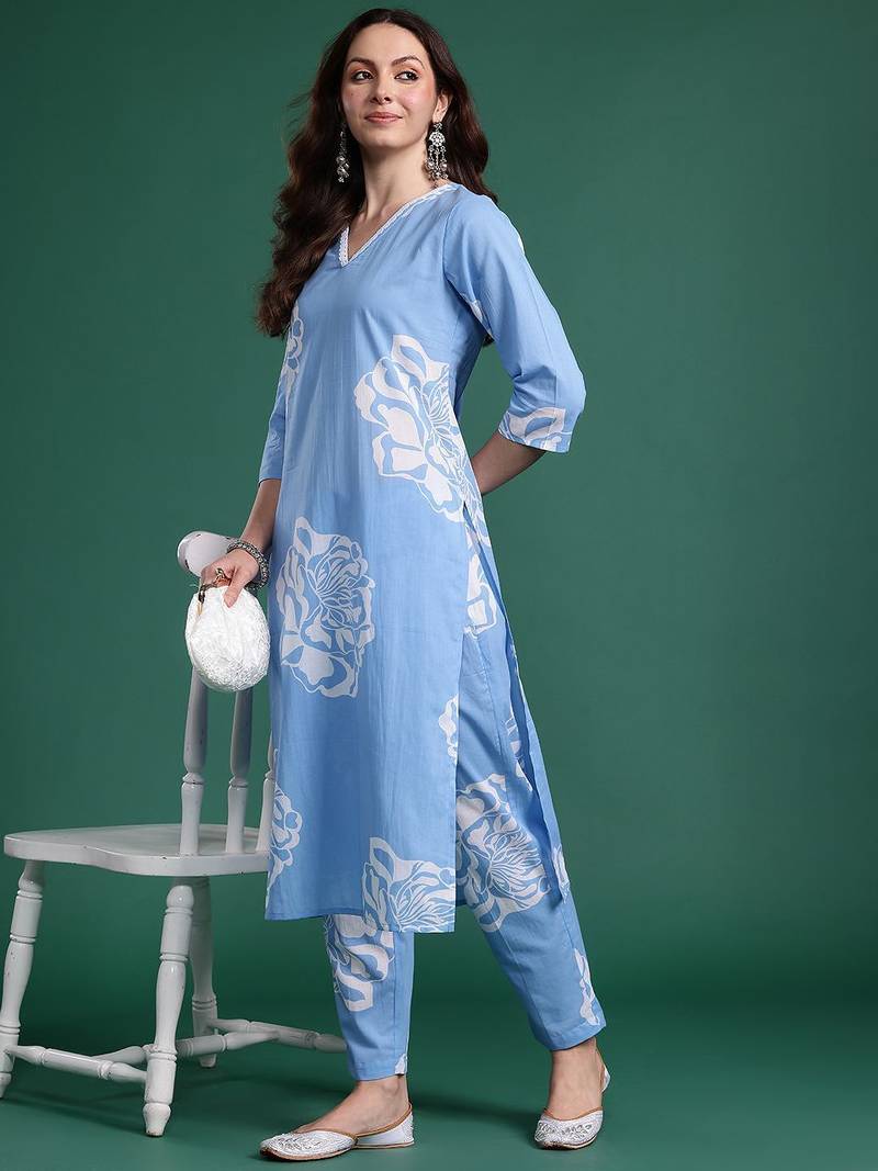 Floral Printed Cotton Kurta with Trousers