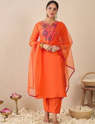 Ethnic Motifs Embroidered Mirror Work Liva Straight Kurta With Trousers & Dupatta 1