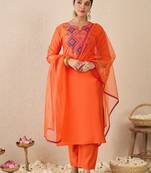Ethnic Motifs Embroidered Mirror Work Liva Straight Kurta With Trousers & Dupatta
