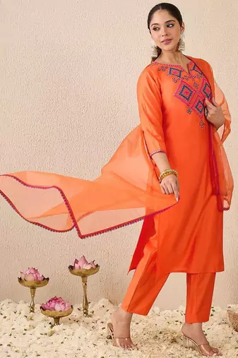 Ethnic Motifs Embroidered Mirror Work Liva Straight Kurta With Trousers & Dupatta