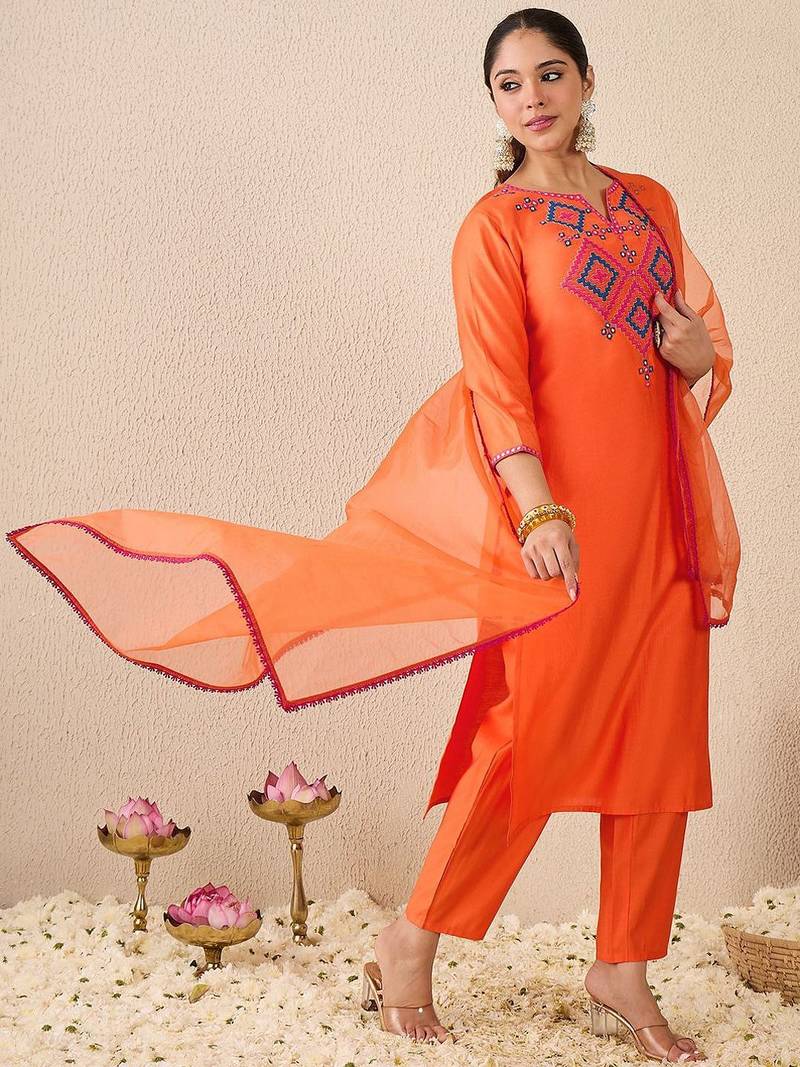 Ethnic Motifs Embroidered Mirror Work Liva Straight Kurta With Trousers & Dupatta