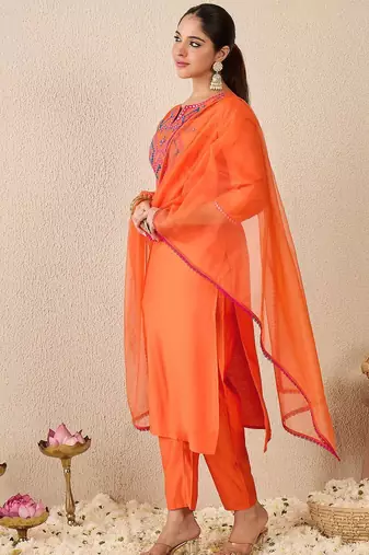 Ethnic Motifs Embroidered Mirror Work Liva Straight Kurta With Trousers & Dupatta