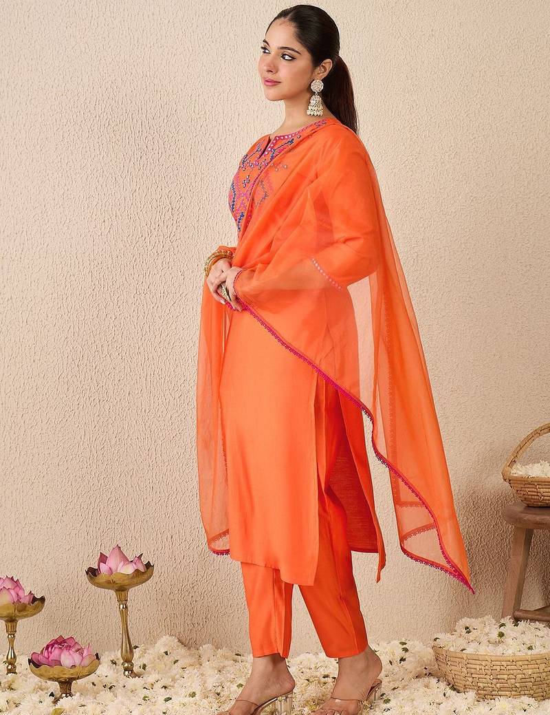 Ethnic Motifs Embroidered Mirror Work Liva Straight Kurta With Trousers & Dupatta