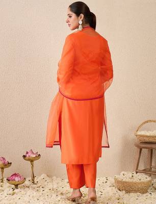 Ethnic Motifs Embroidered Mirror Work Liva Straight Kurta With Trousers & Dupatta 5