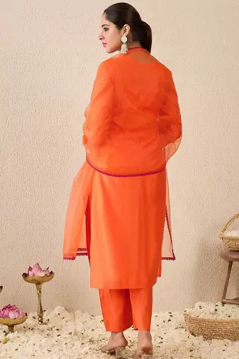 Ethnic Motifs Embroidered Mirror Work Liva Straight Kurta With Trousers & Dupatta