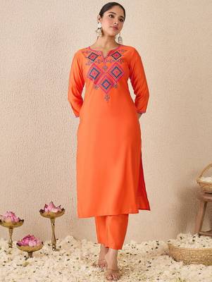 Ethnic Motifs Embroidered Mirror Work Liva Straight Kurta With Trousers & Dupatta 6