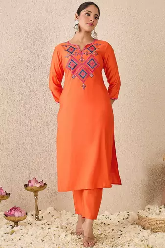 Ethnic Motifs Embroidered Mirror Work Liva Straight Kurta With Trousers & Dupatta