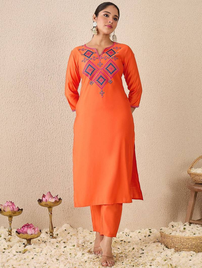 Ethnic Motifs Embroidered Mirror Work Liva Straight Kurta With Trousers & Dupatta