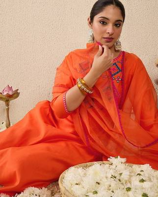 Ethnic Motifs Embroidered Mirror Work Liva Straight Kurta With Trousers & Dupatta 7