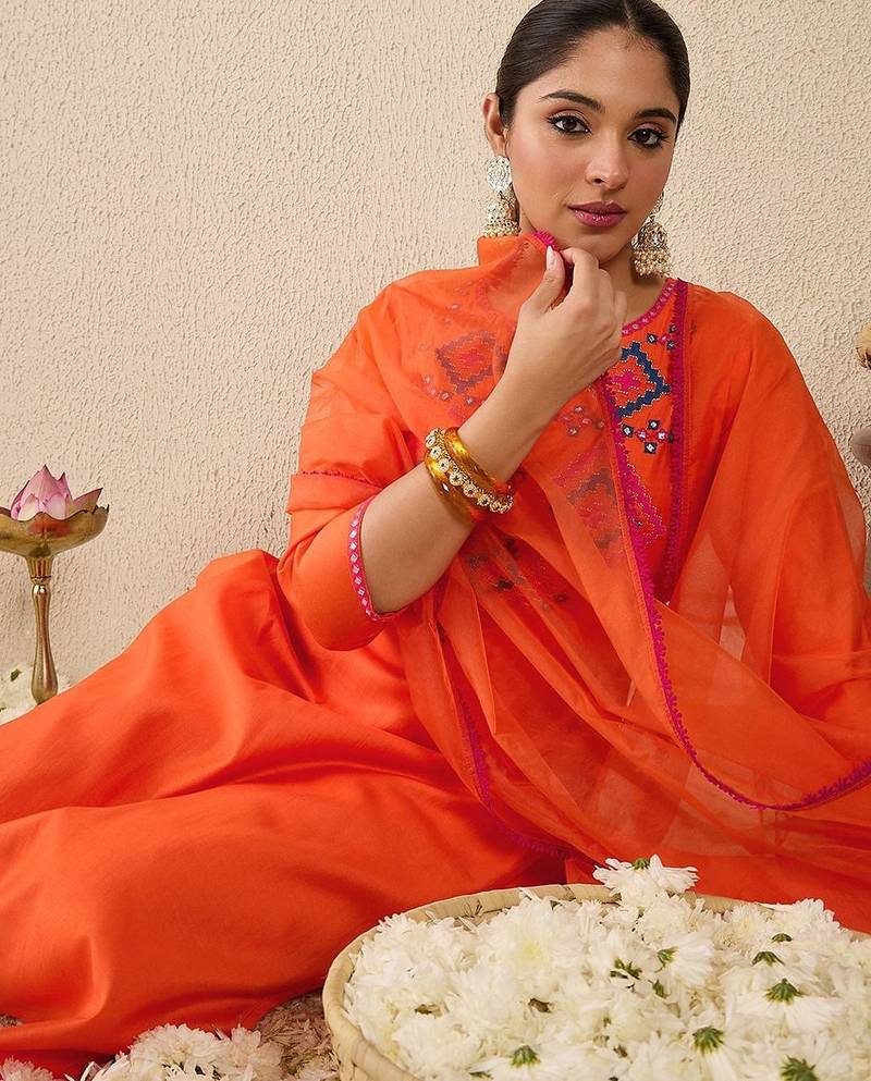 Ethnic Motifs Embroidered Mirror Work Liva Straight Kurta With Trousers & Dupatta