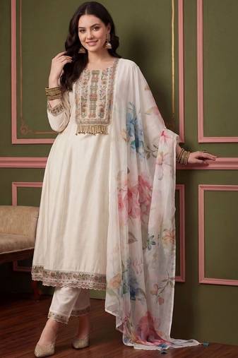 Women Floral Embroidered Thread Work Kurta with Trousers & With Dupatta