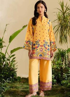Yellow floral print crepe  fancy co-ord set for women 1