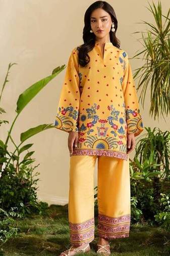 Yellow floral print crepe  fancy co-ord set for women