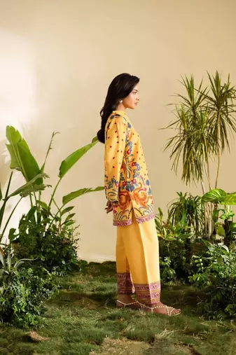 Yellow floral print crepe  fancy co-ord set for women