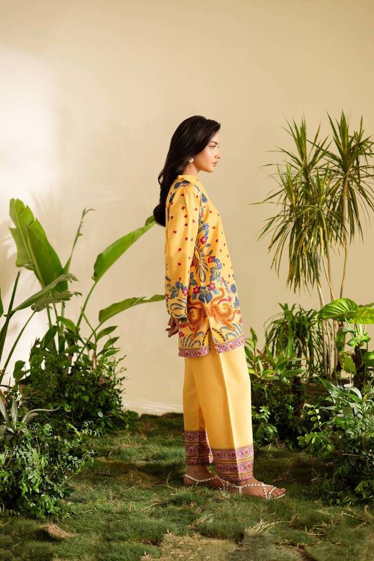 Yellow floral print crepe  fancy co-ord set for women