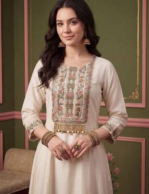 Women Floral Embroidered Thread Work Kurta with Trousers & With Dupatta 3