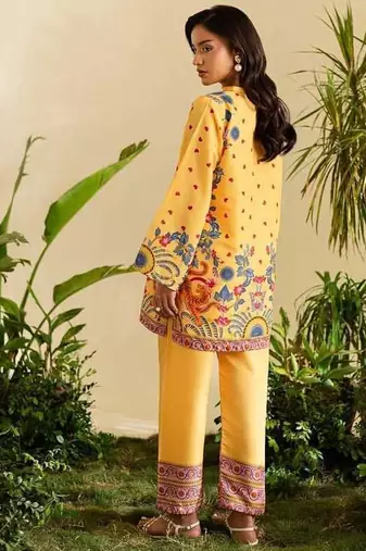 Yellow floral print crepe  fancy co-ord set for women