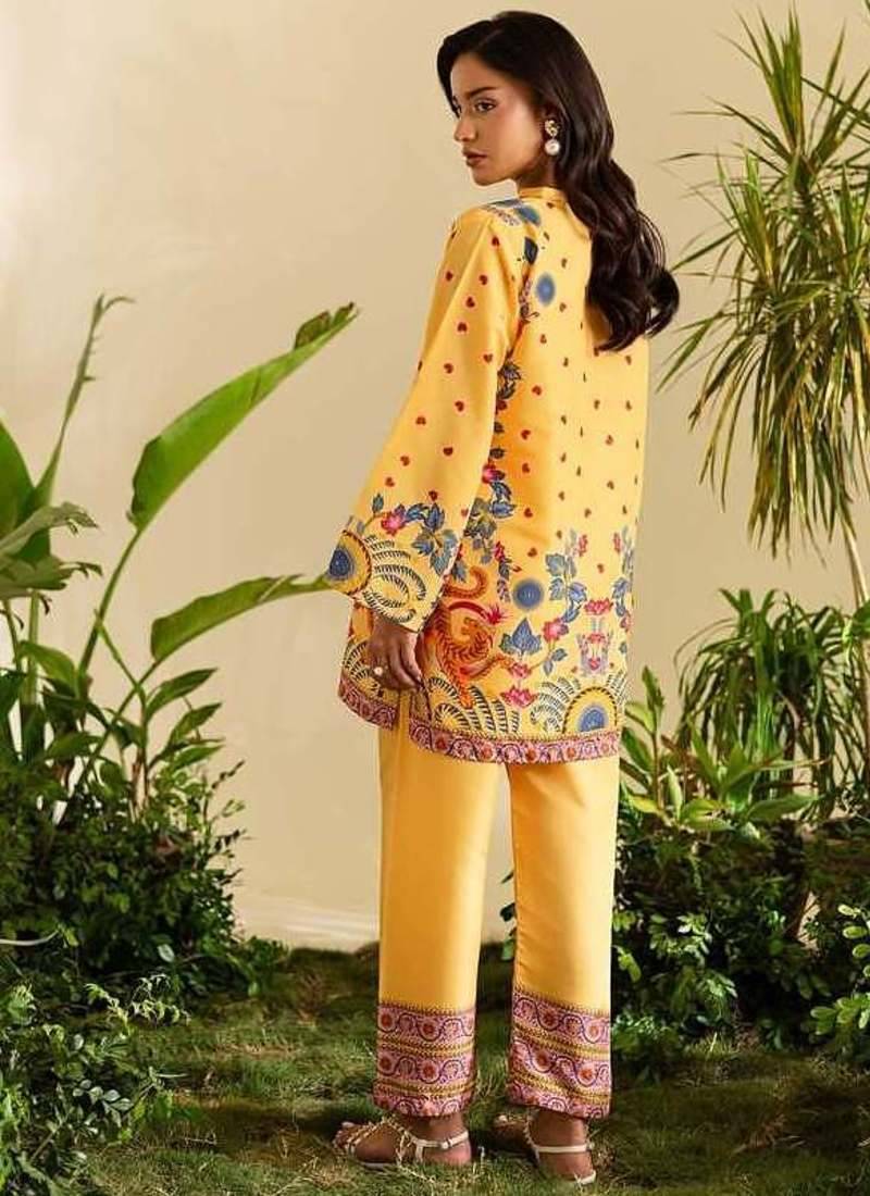 Yellow floral print crepe  fancy co-ord set for women
