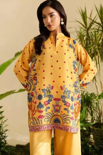 Yellow floral print crepe  fancy co-ord set for women