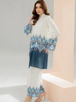 White floral print linen  fancy co-ord set for women 3