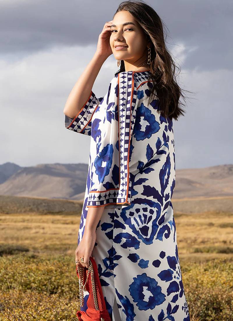 Blue floral print crepe  fancy co-ord set for women