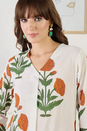 Floral Printed A-Line Cotton Kurta With Trouser