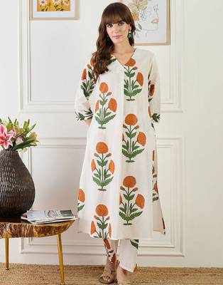 Floral Printed A-Line Cotton Kurta With Trouser 1