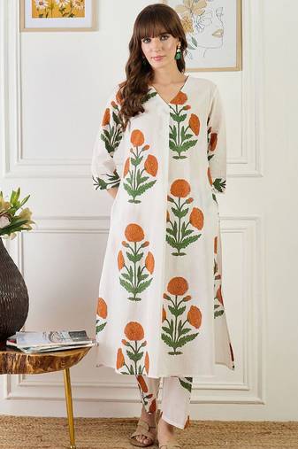 Floral Printed A-Line Cotton Kurta With Trouser