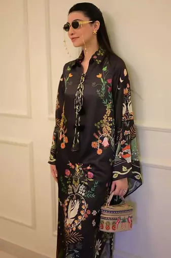 Black floral print crepe  fancy co-ord set for women