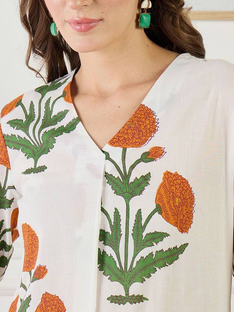 Floral Printed A-Line Cotton Kurta With Trouser