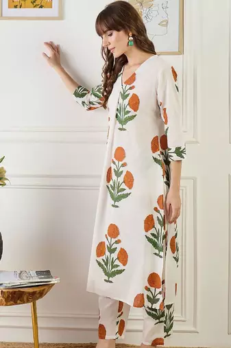 Floral Printed A-Line Cotton Kurta With Trouser