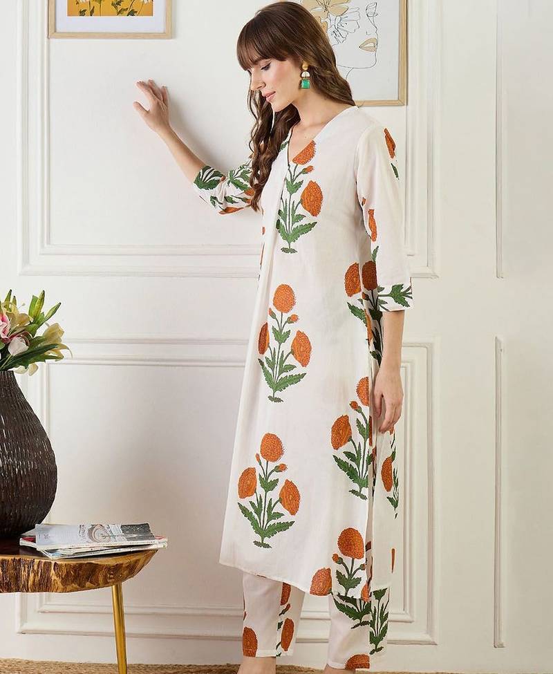 Floral Printed A-Line Cotton Kurta With Trouser