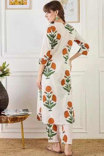 Floral Printed A-Line Cotton Kurta With Trouser