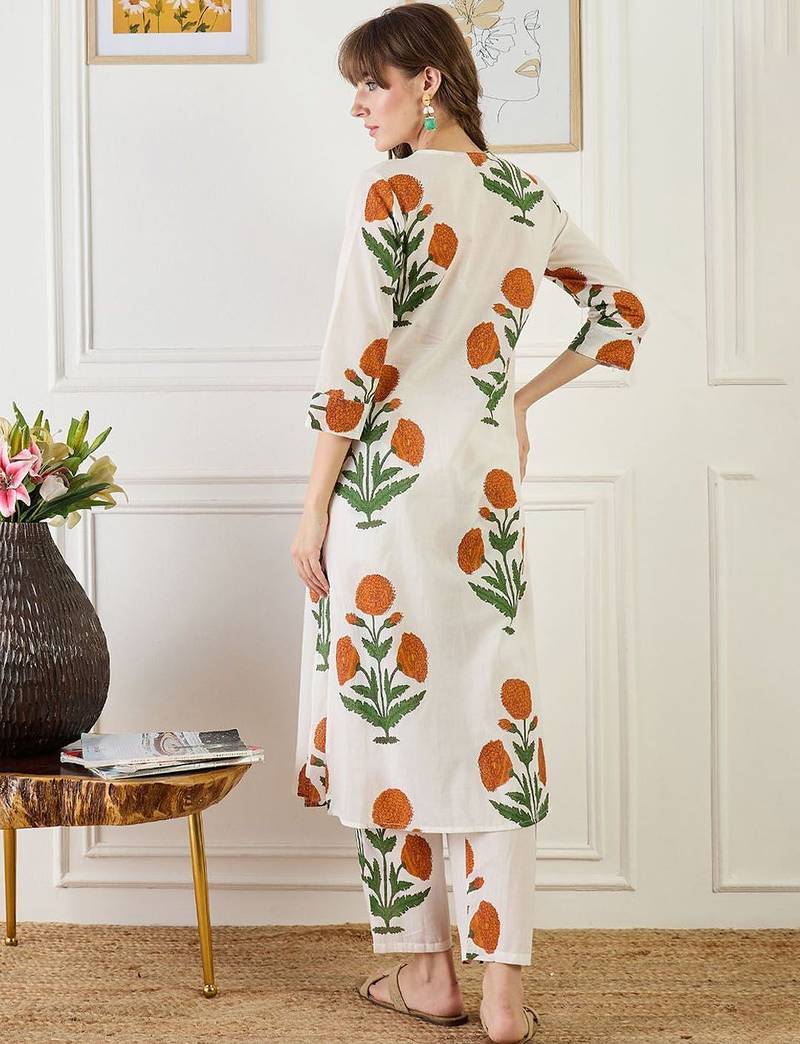 Floral Printed A-Line Cotton Kurta With Trouser