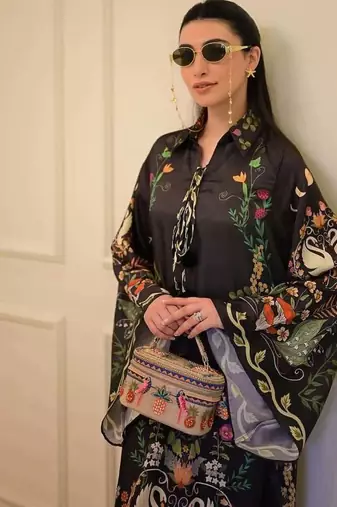 Black floral print crepe  fancy co-ord set for women
