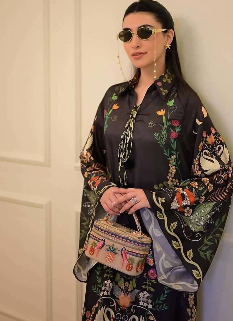 Black floral print crepe  fancy co-ord set for women
