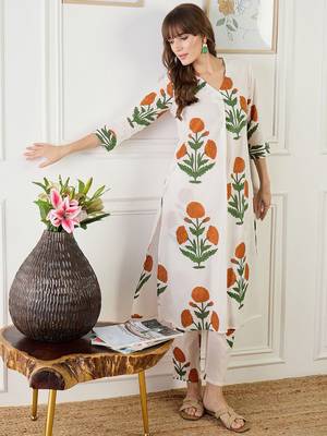 Floral Printed A-Line Cotton Kurta With Trouser 6