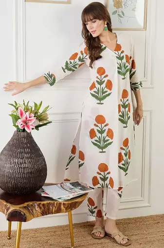 Floral Printed A-Line Cotton Kurta With Trouser