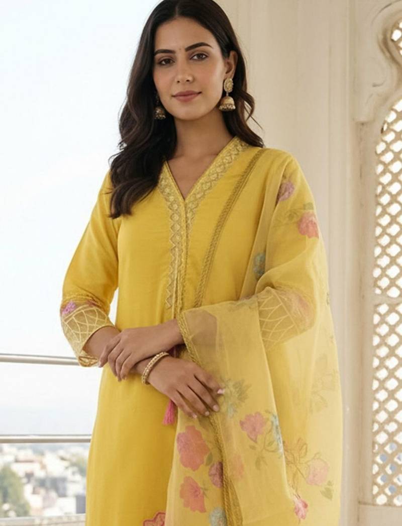 Women Floral Embroidered Thread Work Kurta with Trousers & With Dupatta
