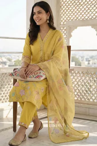Women Floral Embroidered Thread Work Kurta with Trousers & With Dupatta