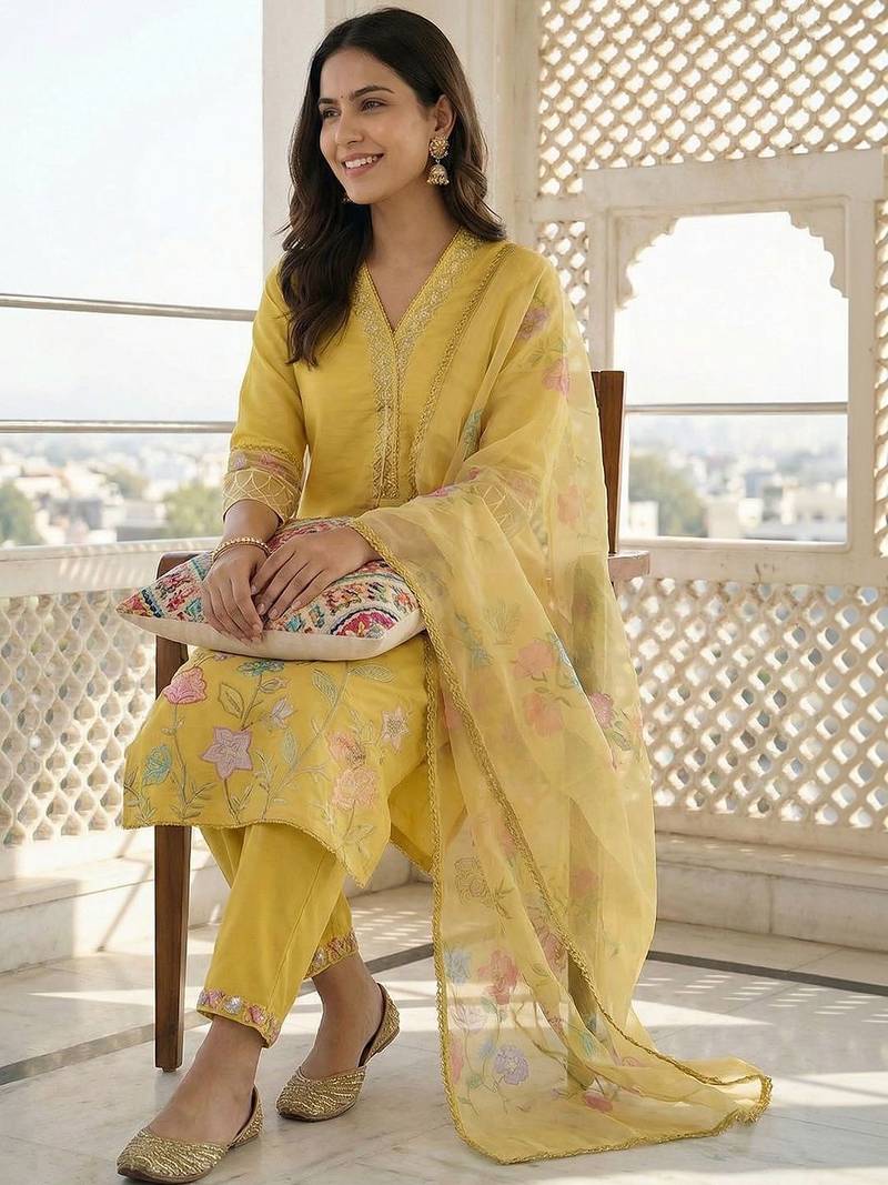Women Floral Embroidered Thread Work Kurta with Trousers & With Dupatta
