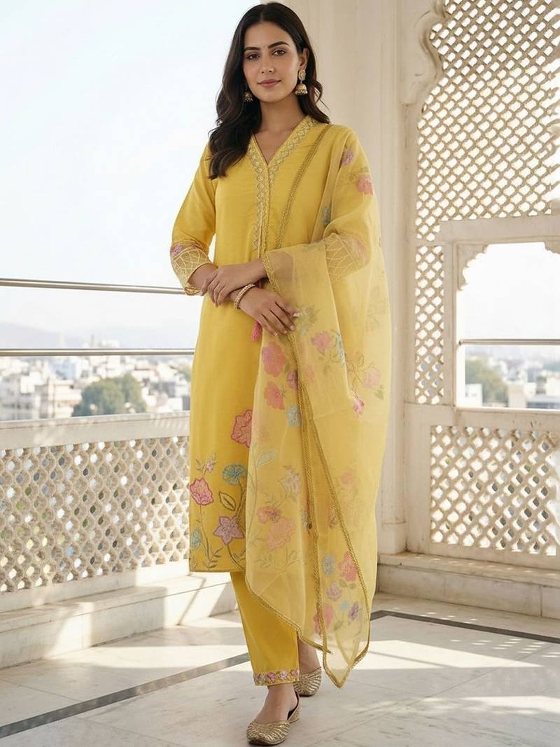 Women Floral Embroidered Thread Work Kurta with Trousers & With Dupatta