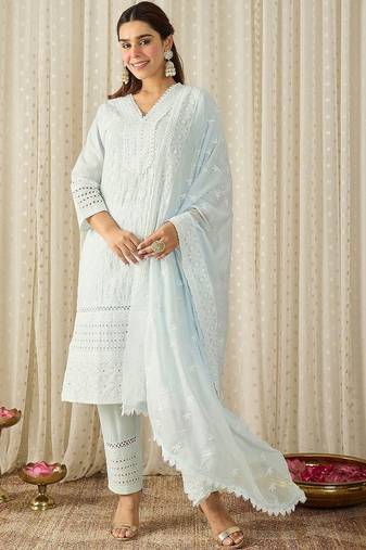 Women Ethnic Motifs Embroidered Thread Work Cotton Kurta with Trousers & With Dupatta