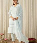 Women Ethnic Motifs Embroidered Thread Work Cotton Kurta with Trousers & With Dupatta