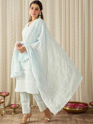 Women Ethnic Motifs Embroidered Thread Work Cotton Kurta with Trousers & With Dupatta 2