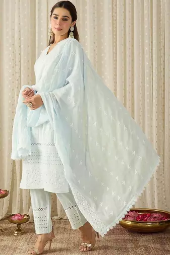 Women Ethnic Motifs Embroidered Thread Work Cotton Kurta with Trousers & With Dupatta